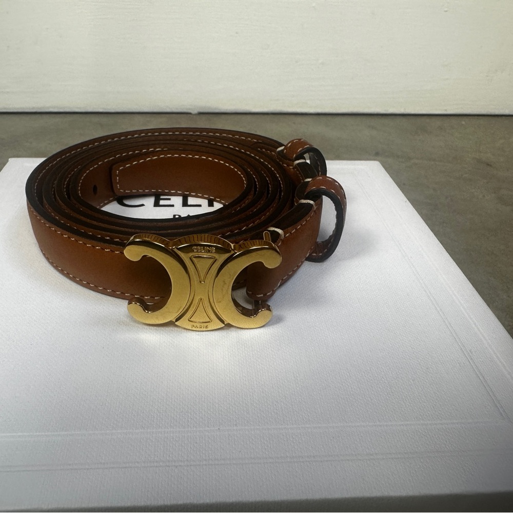 CELINE SKINNY TRIOMPHE BELT -
 Brown Leather Belt with Gold